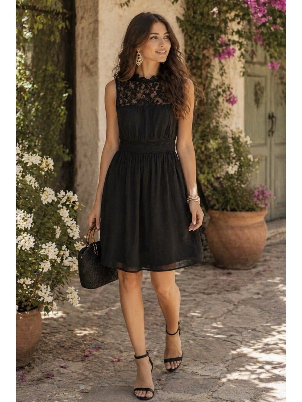 Free People Lace Yoke Mini Dress Sleeveless Black Womens Small Textured Black